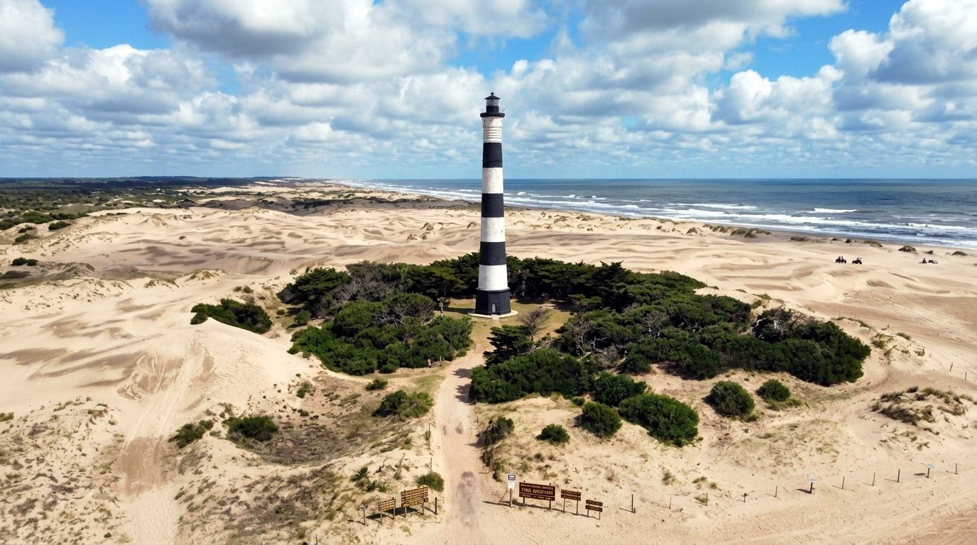 El faro Querandí, a 5 km del pueblo por la playa, visto desde el aire.